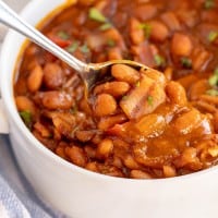 baked beans in a white bowl with a spoon.