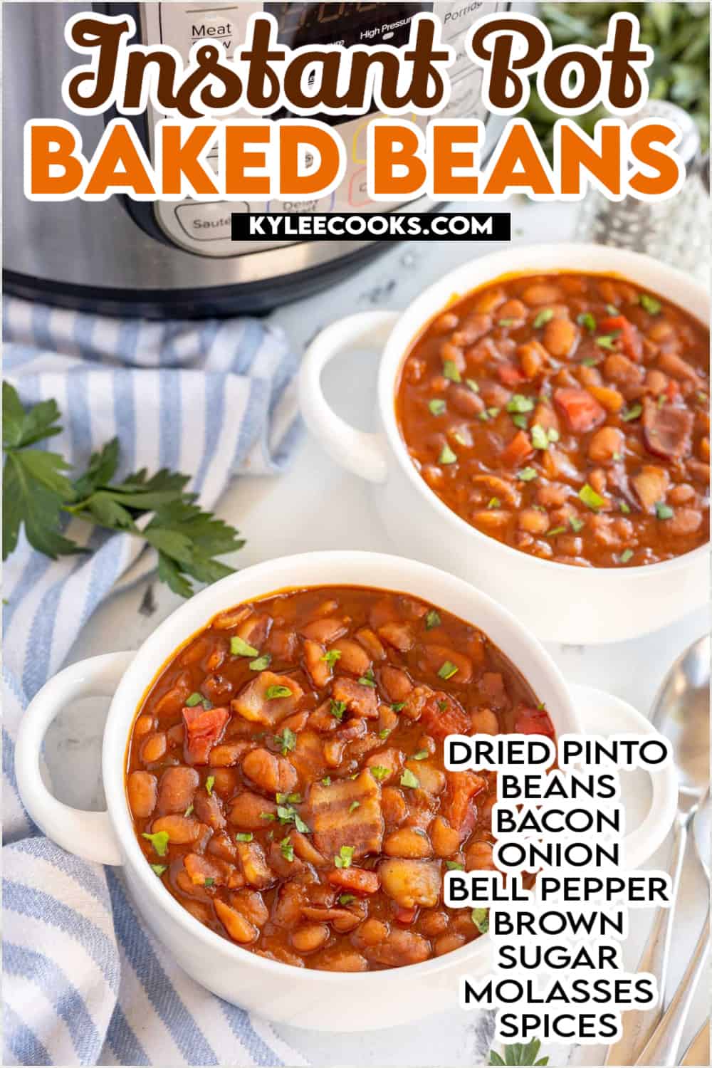 baked beans in a white bowls with an instant pot in the background.
