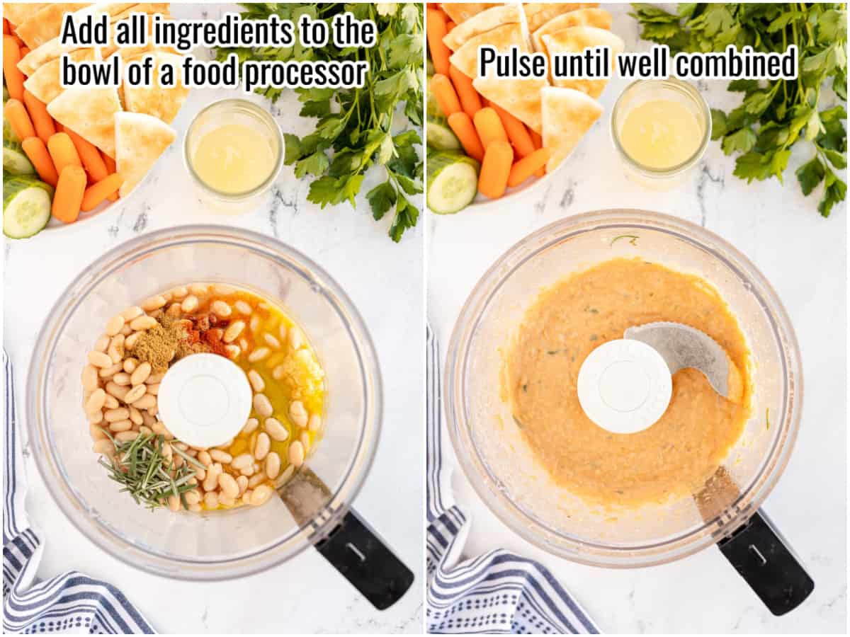 collage of step by step process to make white bean hummus - steps 1-2