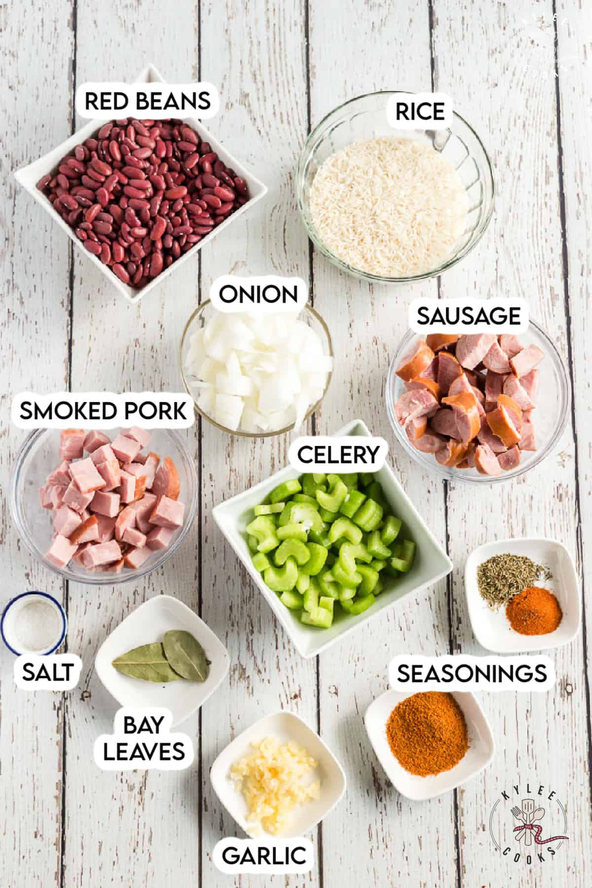 red beans and rice ingredients laid out and labeled