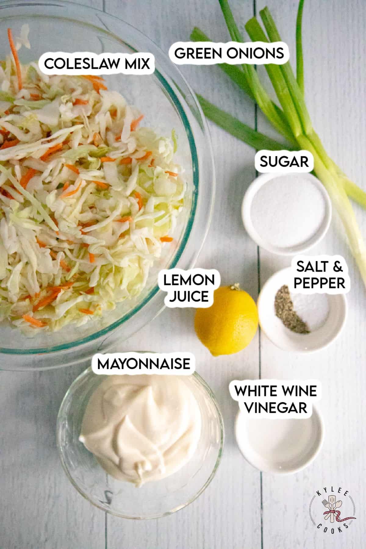 ingredients to make homemade coleslaw laid out and labeled.