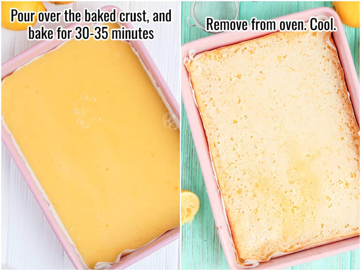 side by side collage of unbaked and baked lemon bars.
