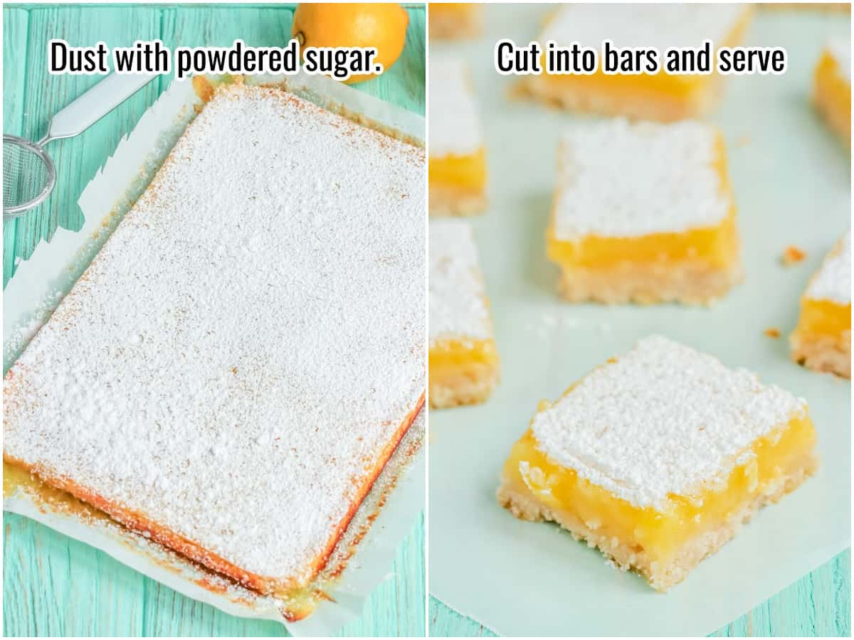 collage of baked lemon bars in a pan, and cut into squares.