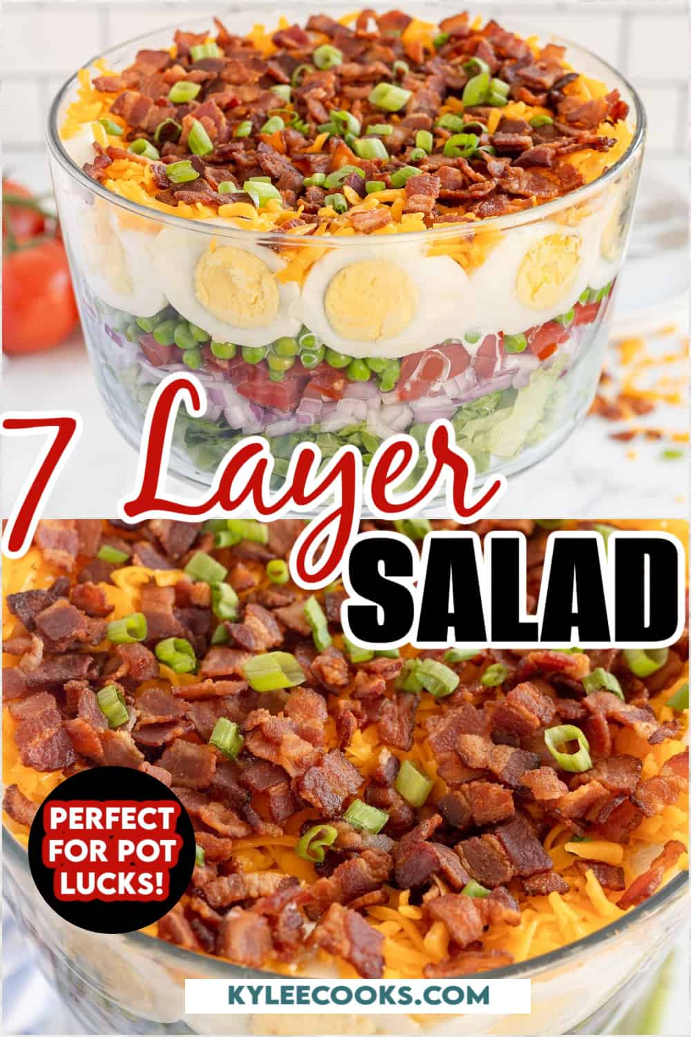 collage of 7 layer salad in a glass bowl.