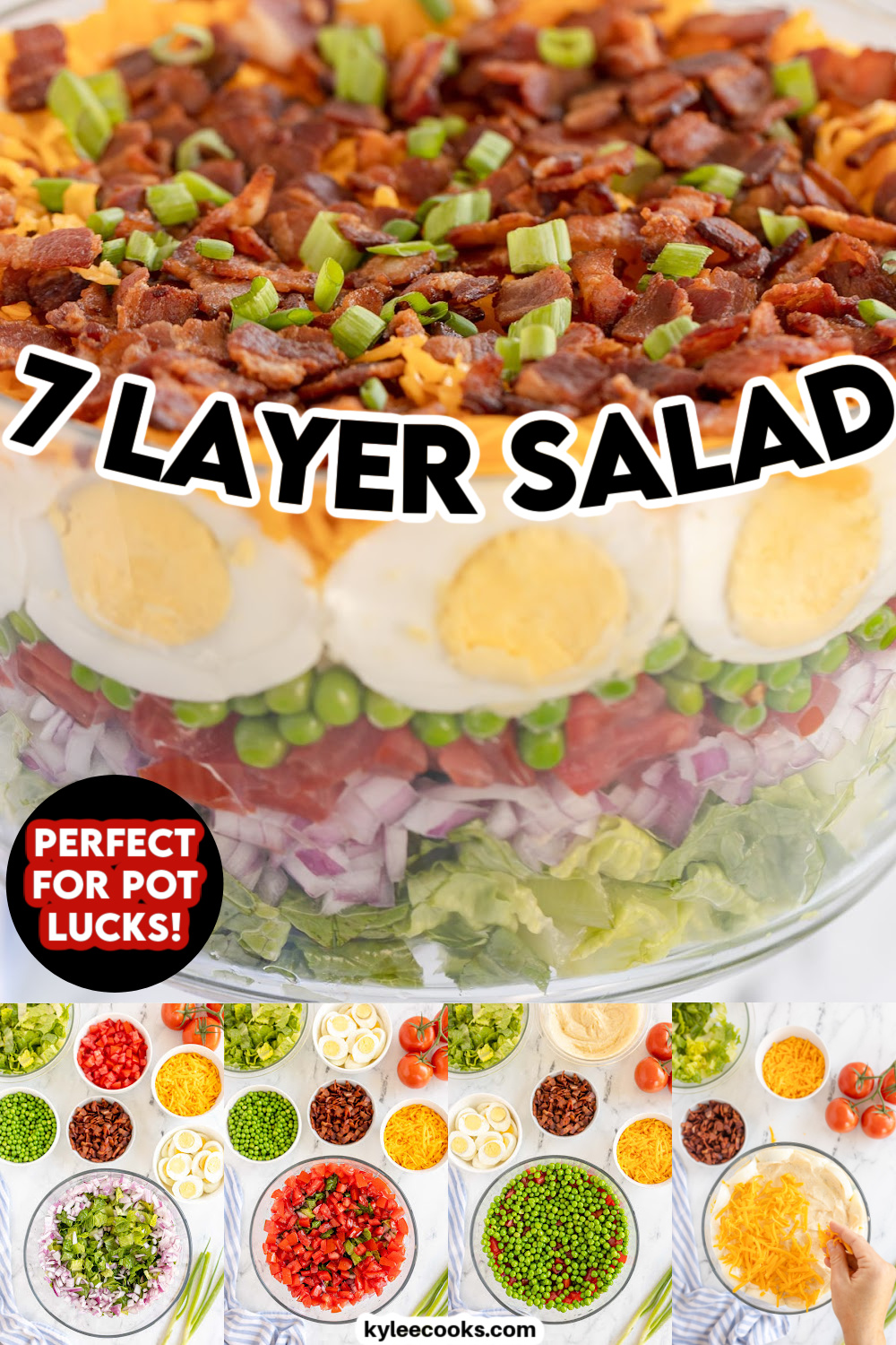 collage of 7 layer salad in a glass bowl.