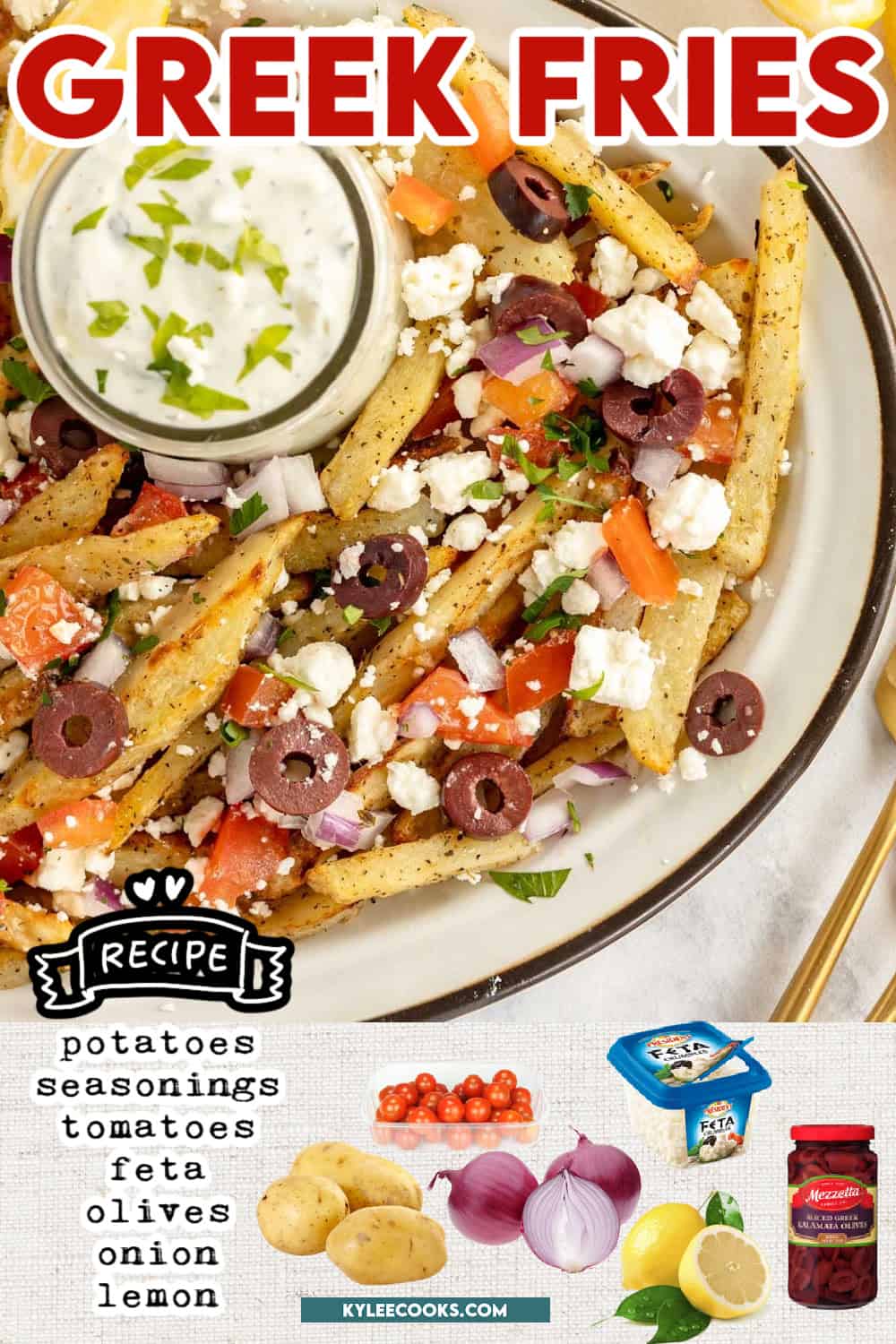 greek fries on a platter with recipe ingredients overlaid.