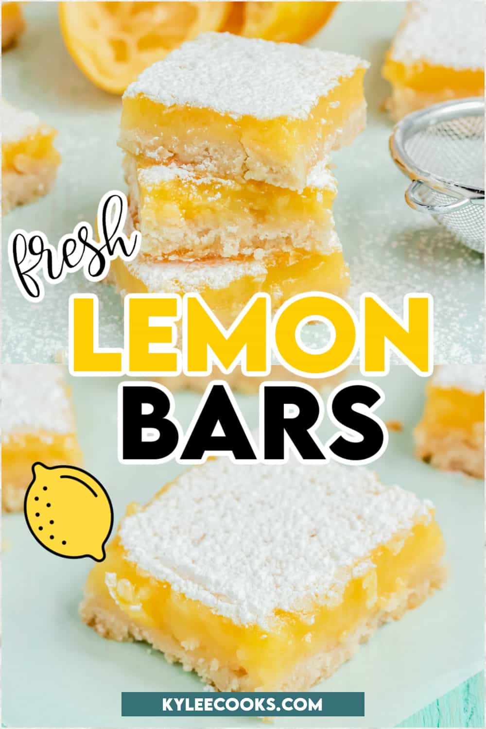 lemon bars with recipe ingredients and title overlaid in text.