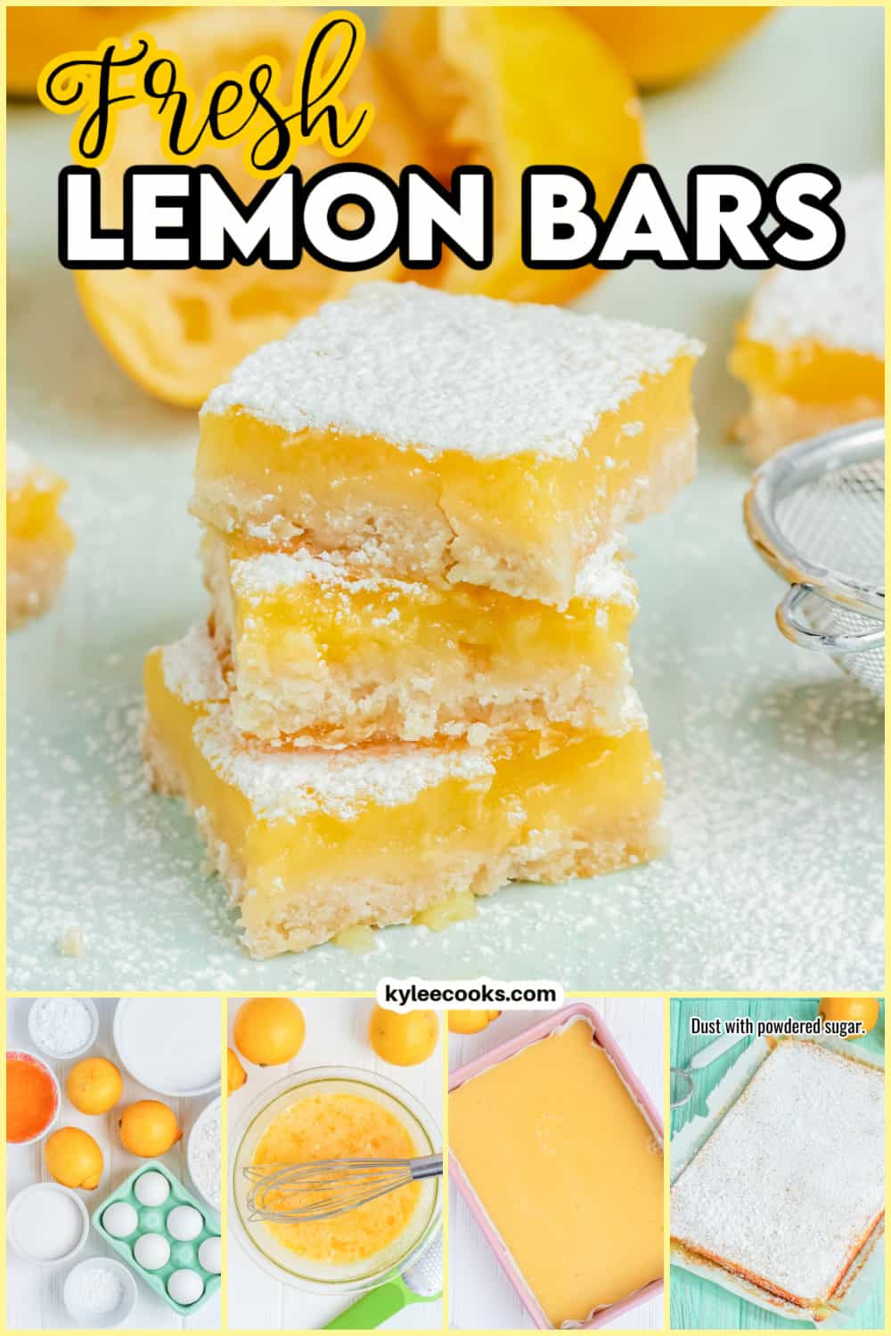three lemon bars in a stack with process shots in a collage.