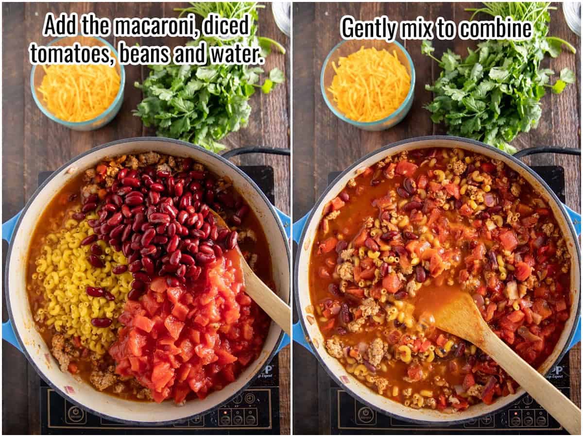 step by step collage of adding sauce and beans to turkey chili mac.
