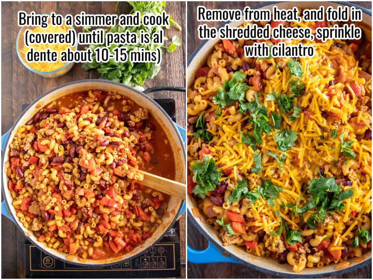 step by step collage of cooked chili mac, with added cheese and cilantro.