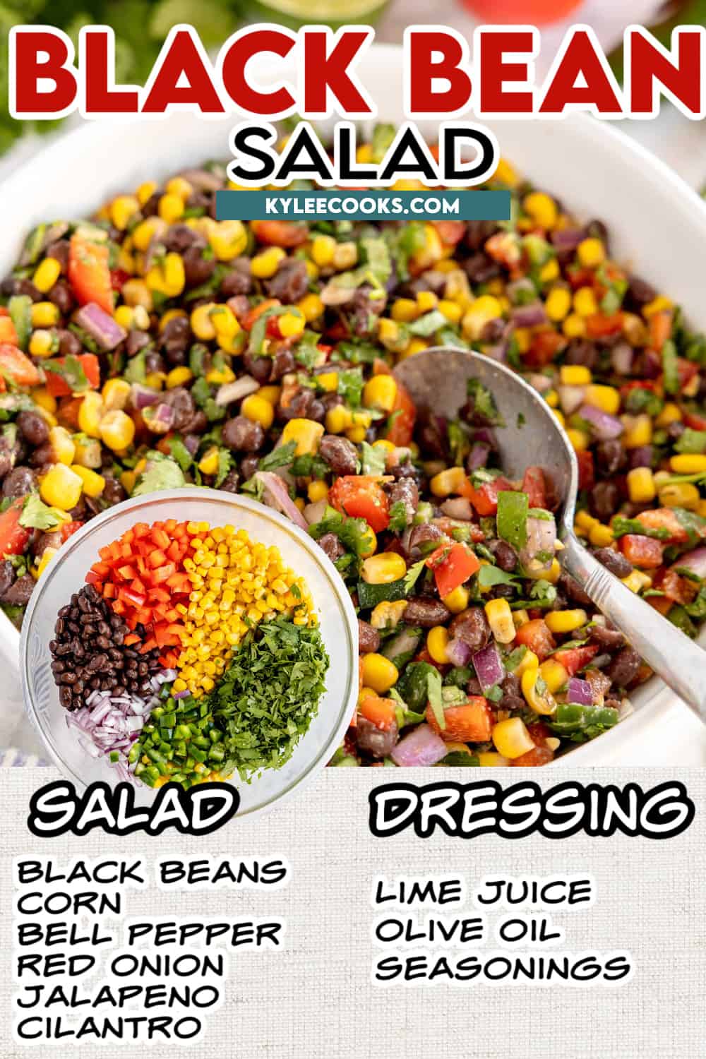black bean salad in a bowl with a spoon, with text and ingredients overlaid.