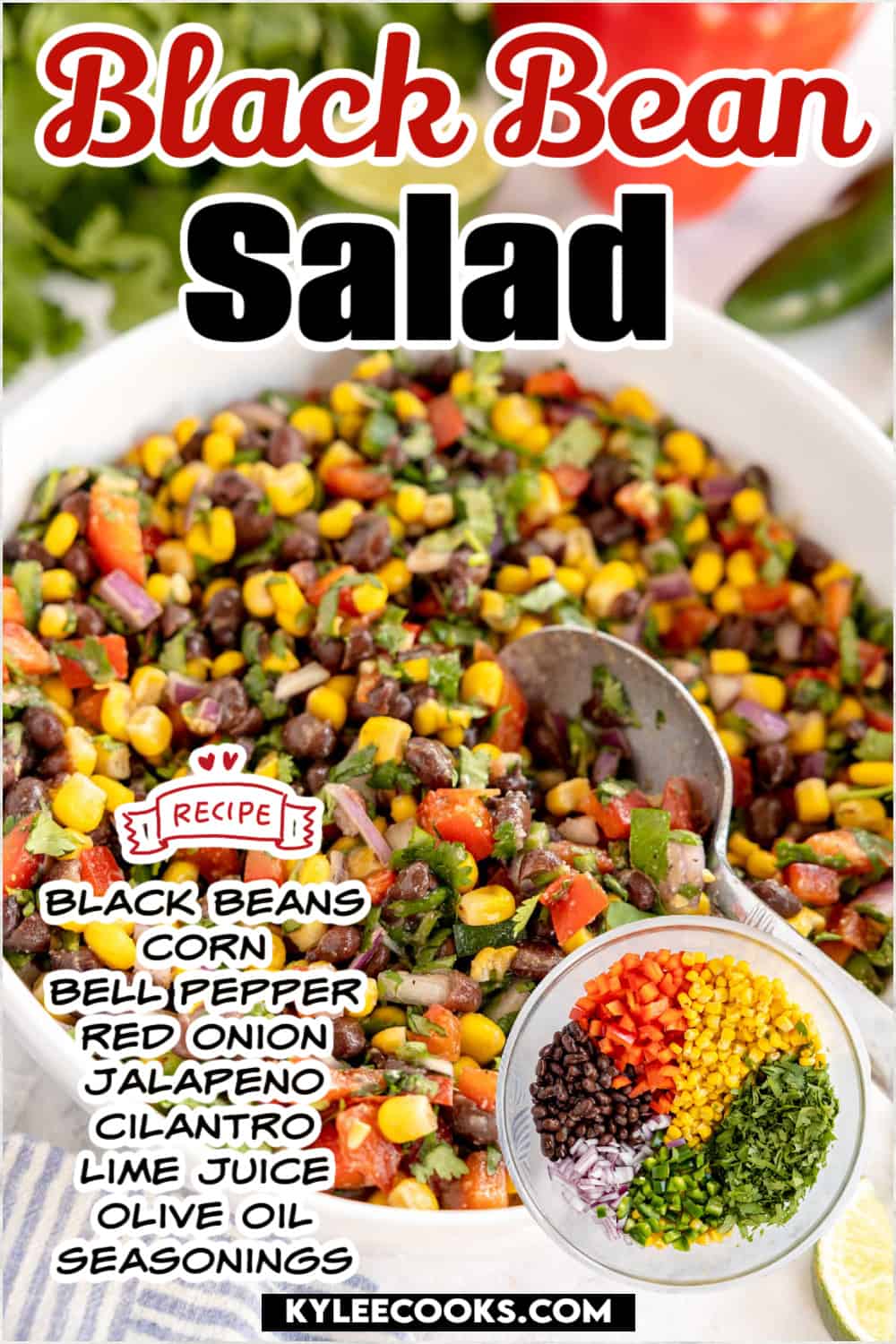 black bean salad in a bowl with a spoon, with text and ingredients overlaid.