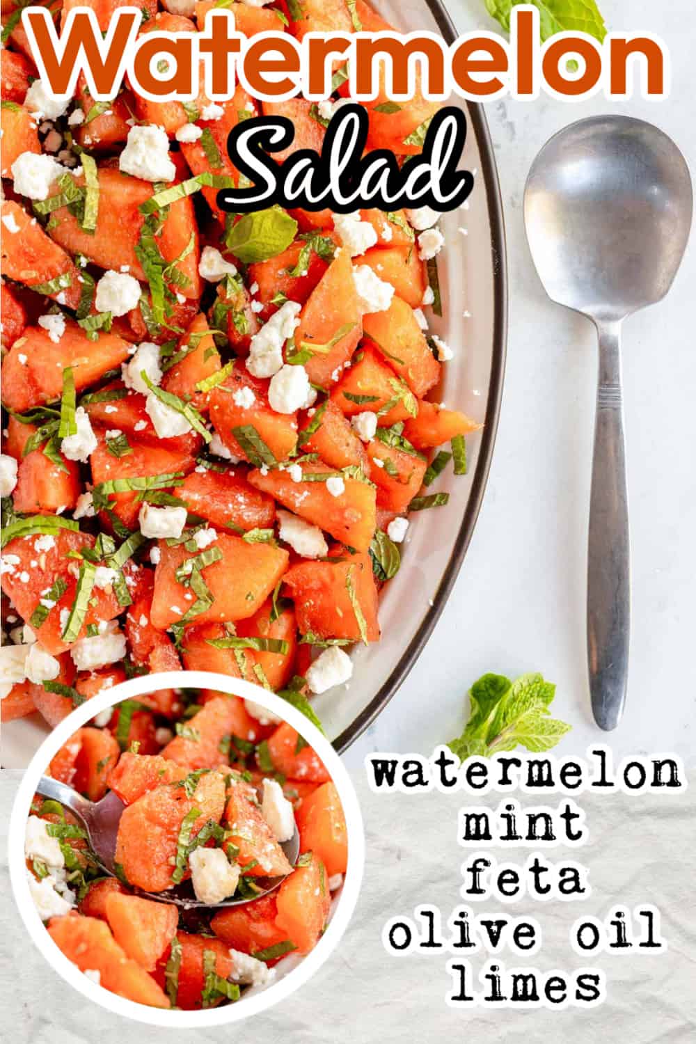 watermelon salad on an oval plate with recipe name overlaid in text.