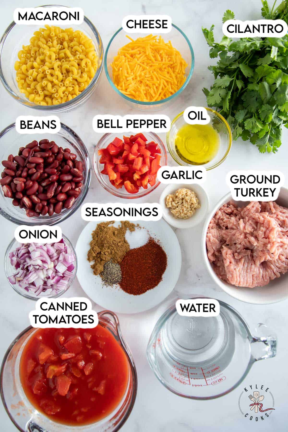 ingredients to make chili mac with turkey laid out and labeled.