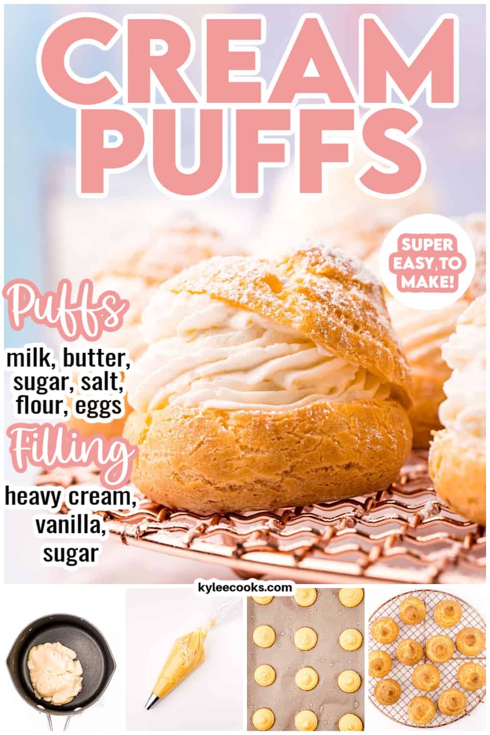 cream puffs on a wire rack with recipe name and ingredients overlaid in text.