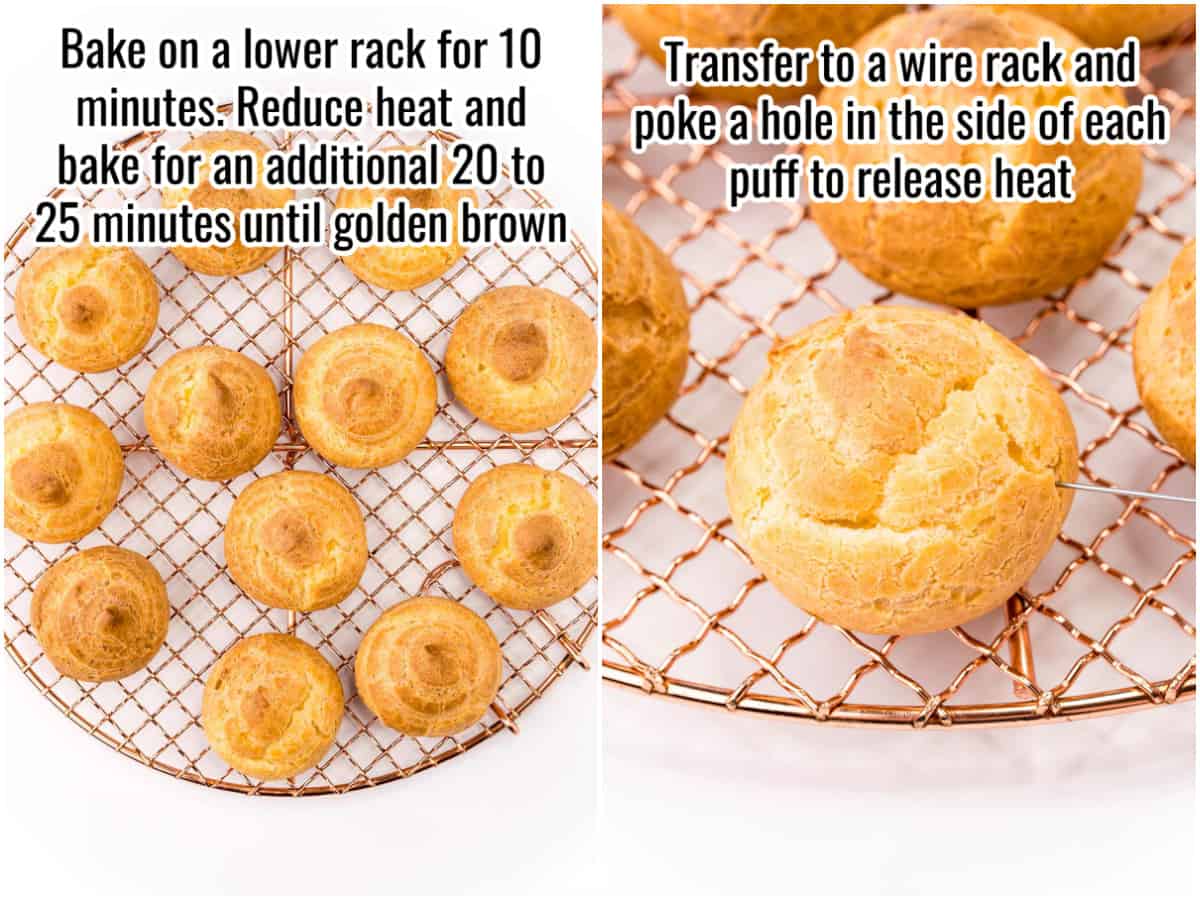 baked cream puffs on a wire sheet showing poking a hole in the pastry to allow heat to escape.