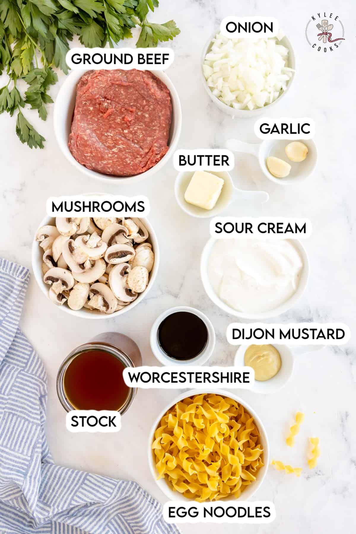 ingredients to make ground beef stroganoff laid out and labeled.