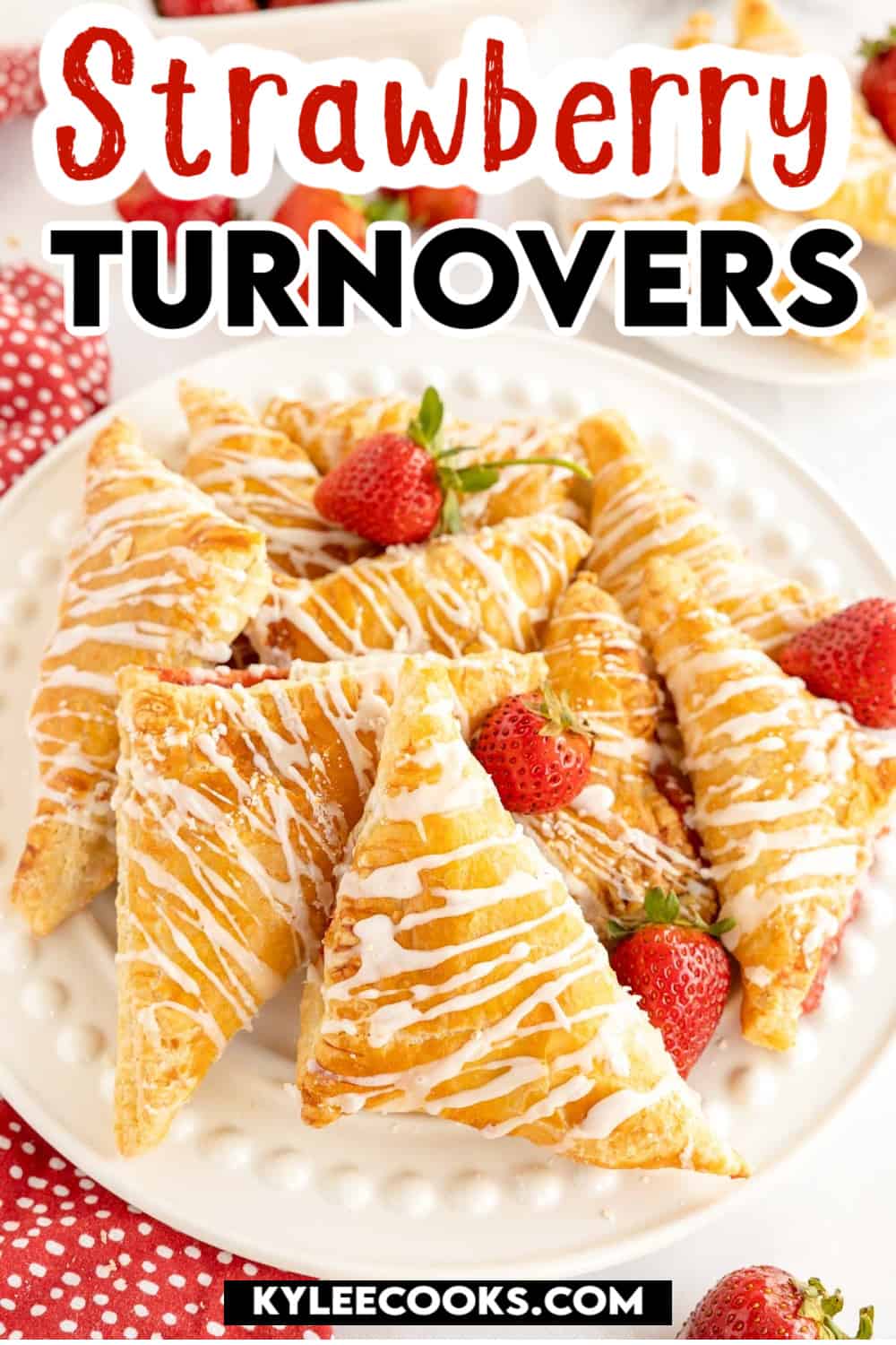 A plate of strawberry turnovers with icing on top, with recipe name overlaid in text.