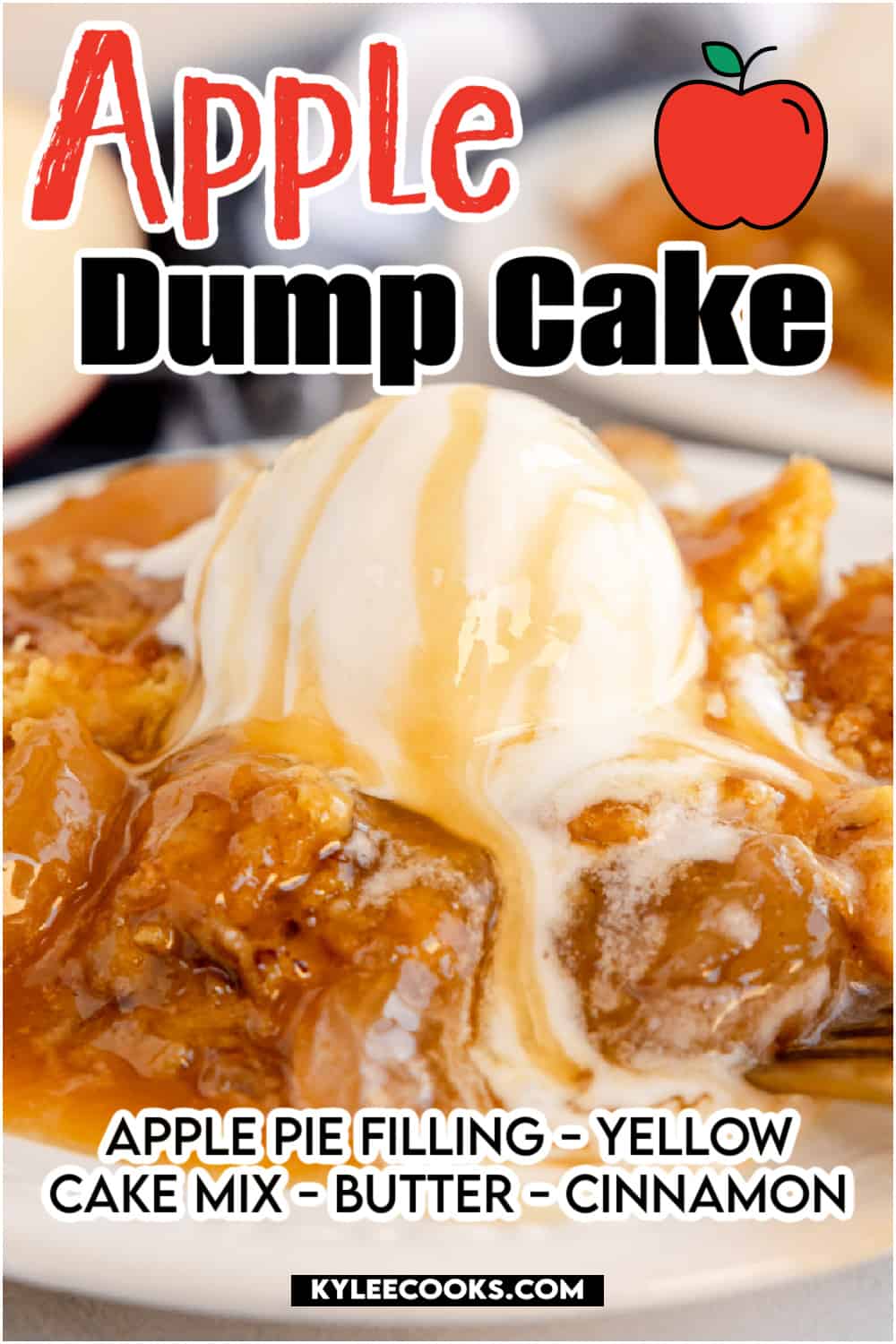 Apple dump cake with icecream on a plate with recipe name overlaid in text.