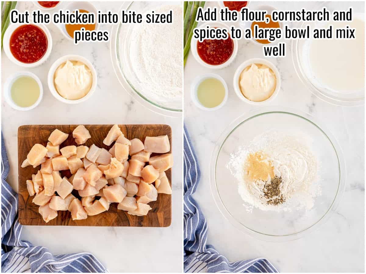 Two pictures showing how to make bang bang chicken - cutting chicken and mixing seasoned flour.