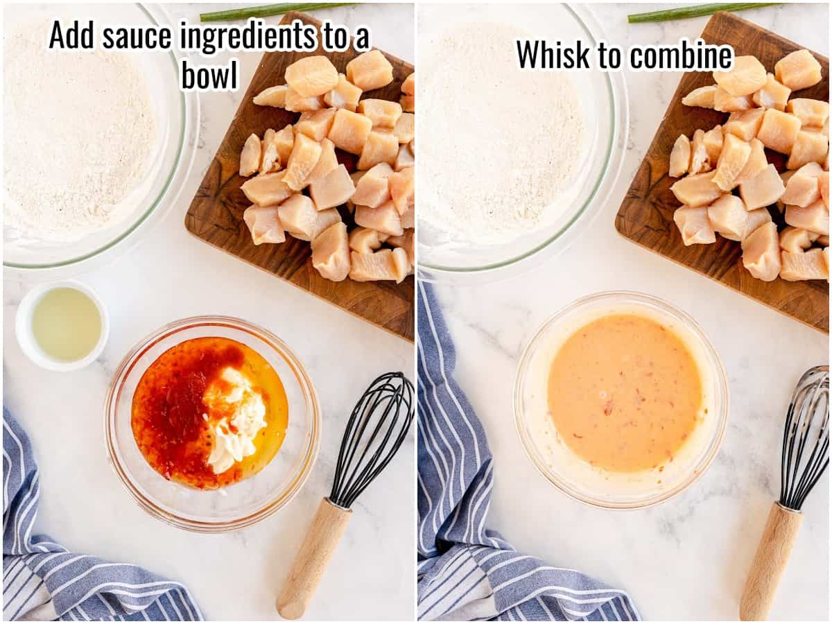 Two pictures showing how to make bang bang sauce.