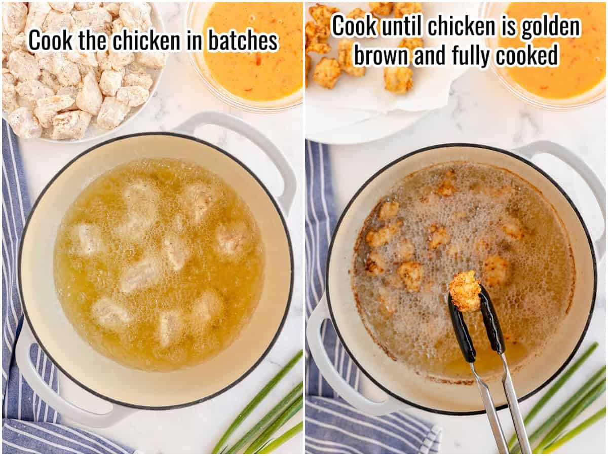 Two pictures showing how to make bang bang chicken - uncooked and cooked chicken in hot oil.