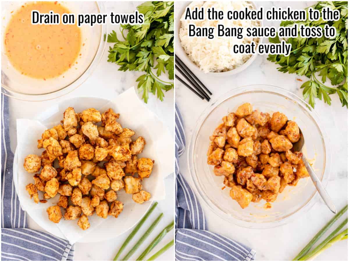 Two pictures showing how to make bang bang chicken - draining cooked chicken on paper towels and tossing in the sauce.