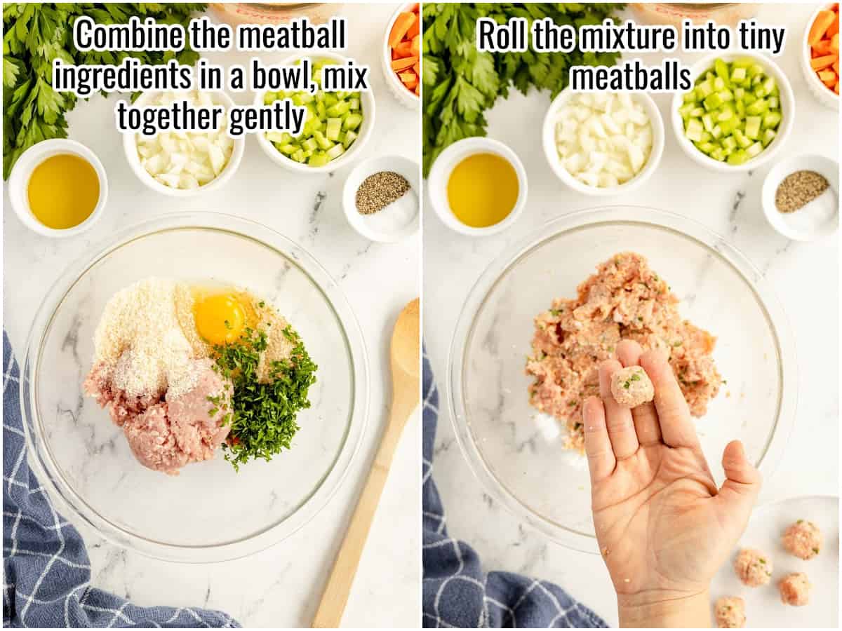 Two pictures showing how to make a soup -mixing together the meatball ingredients and then making meatballs.