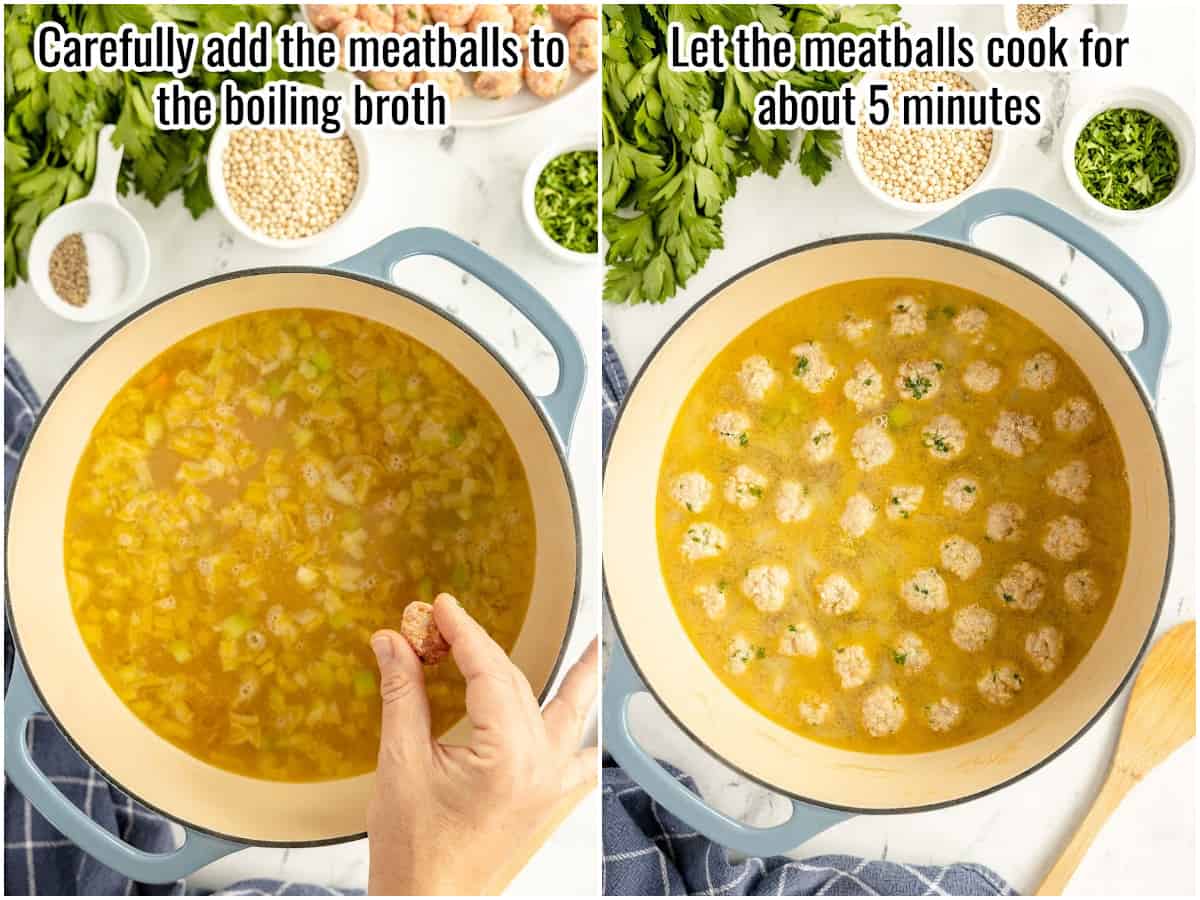 Two pictures showing how to make a soup - adding meatballs and boiling.