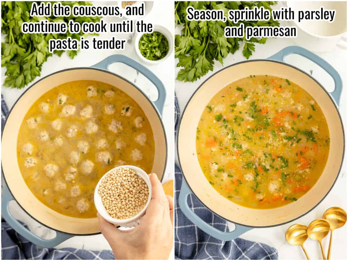 Two pictures showing how to make a soup - adding couscous and seasoning.