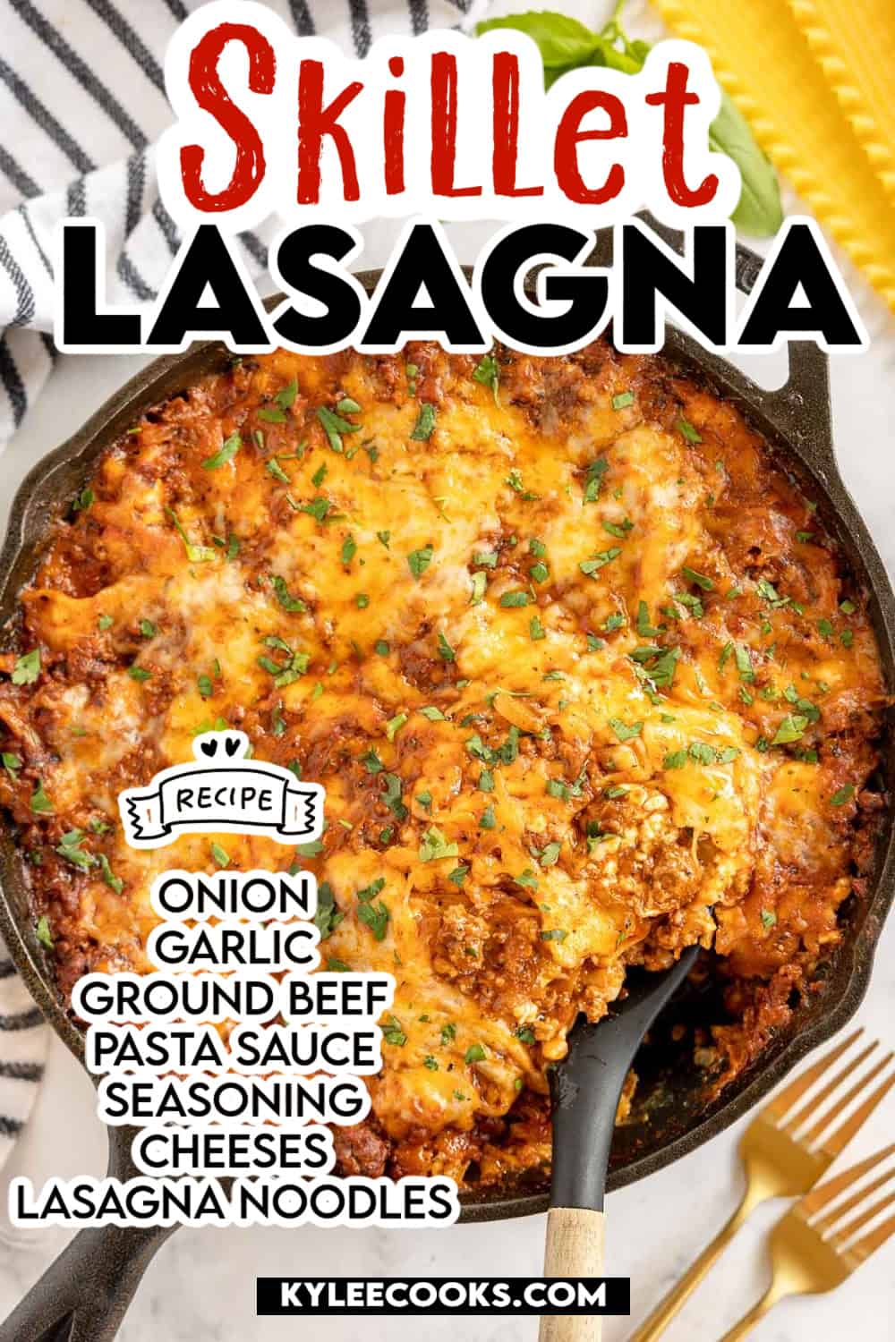 A skillet of lasagna and recipe name "skillet lasagna" overlaid in text.