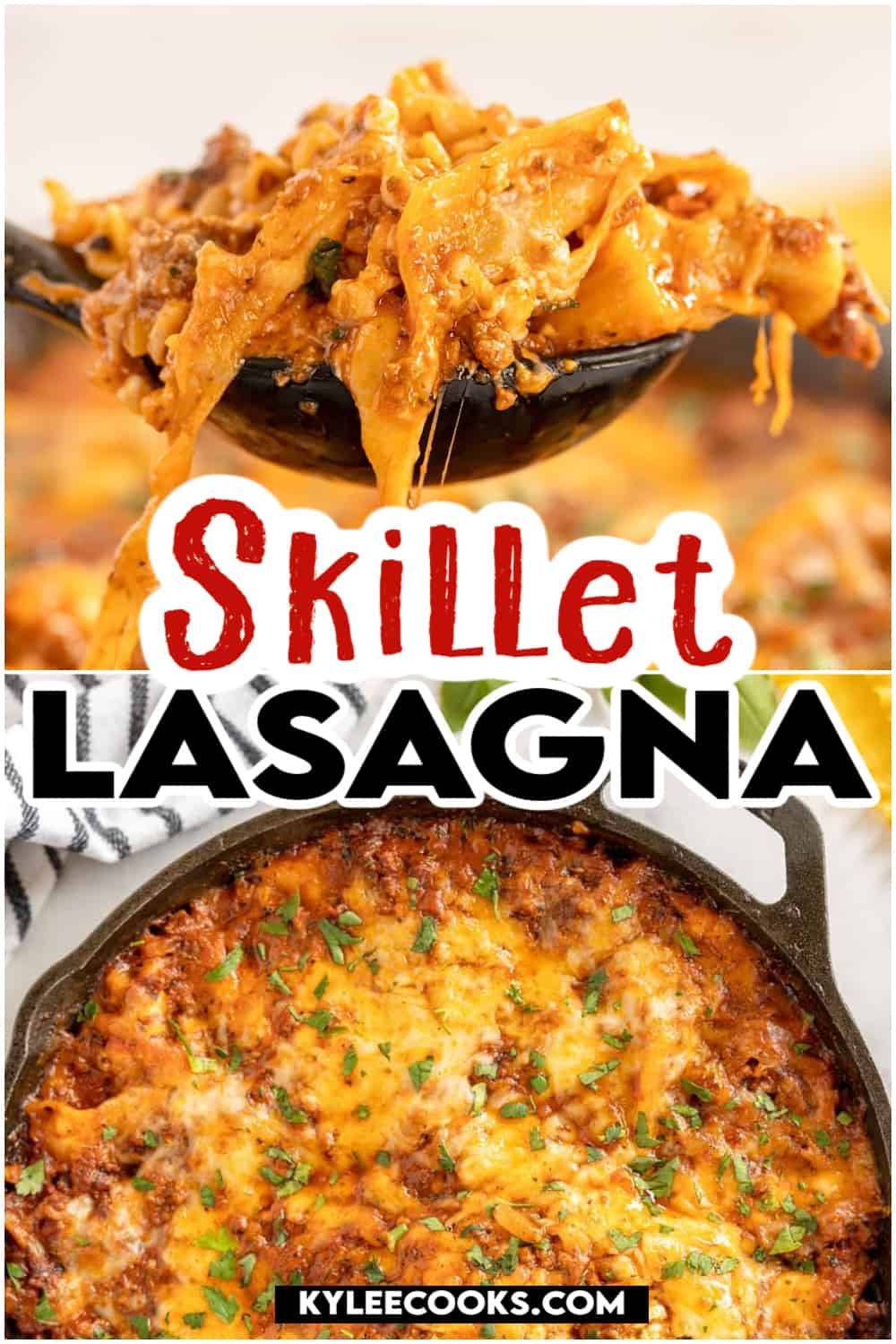 spoon full of lasagna, skillet of lasagna and recipe name "skillet lasagna" overlaid in text.