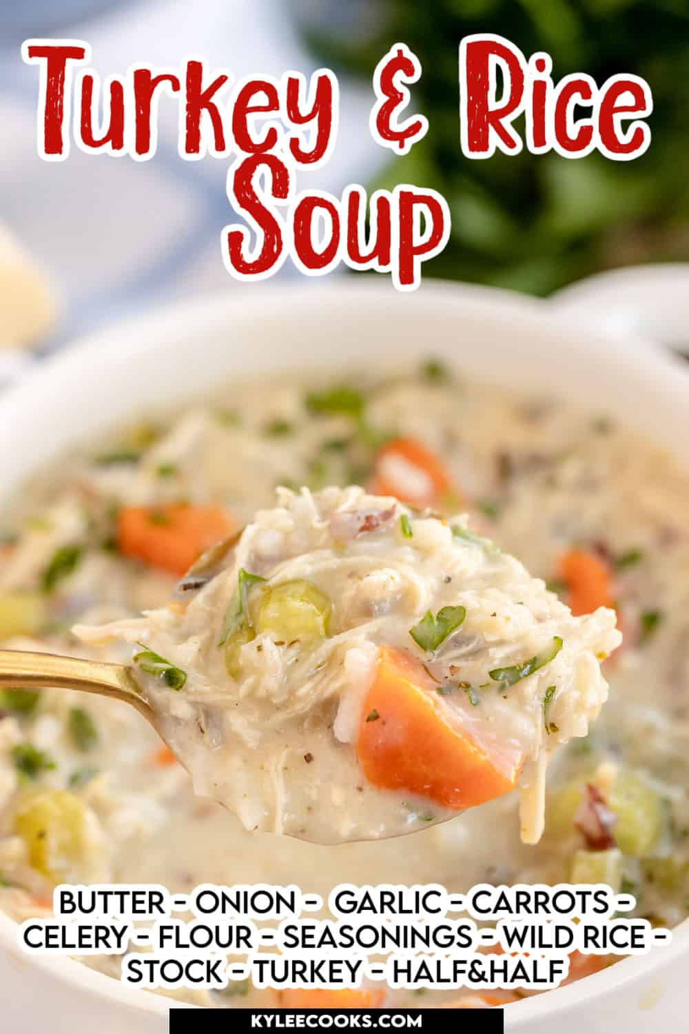turkey rice soup in a white bowl, with recipe name and ingredients overlaid in text.