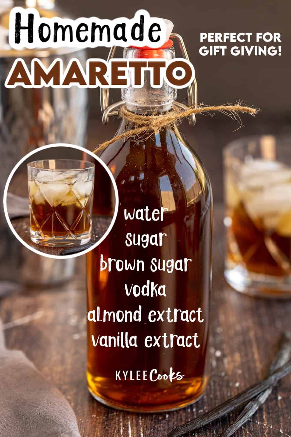 a bottle of homemade amaretto with ingredients overlaid in text.