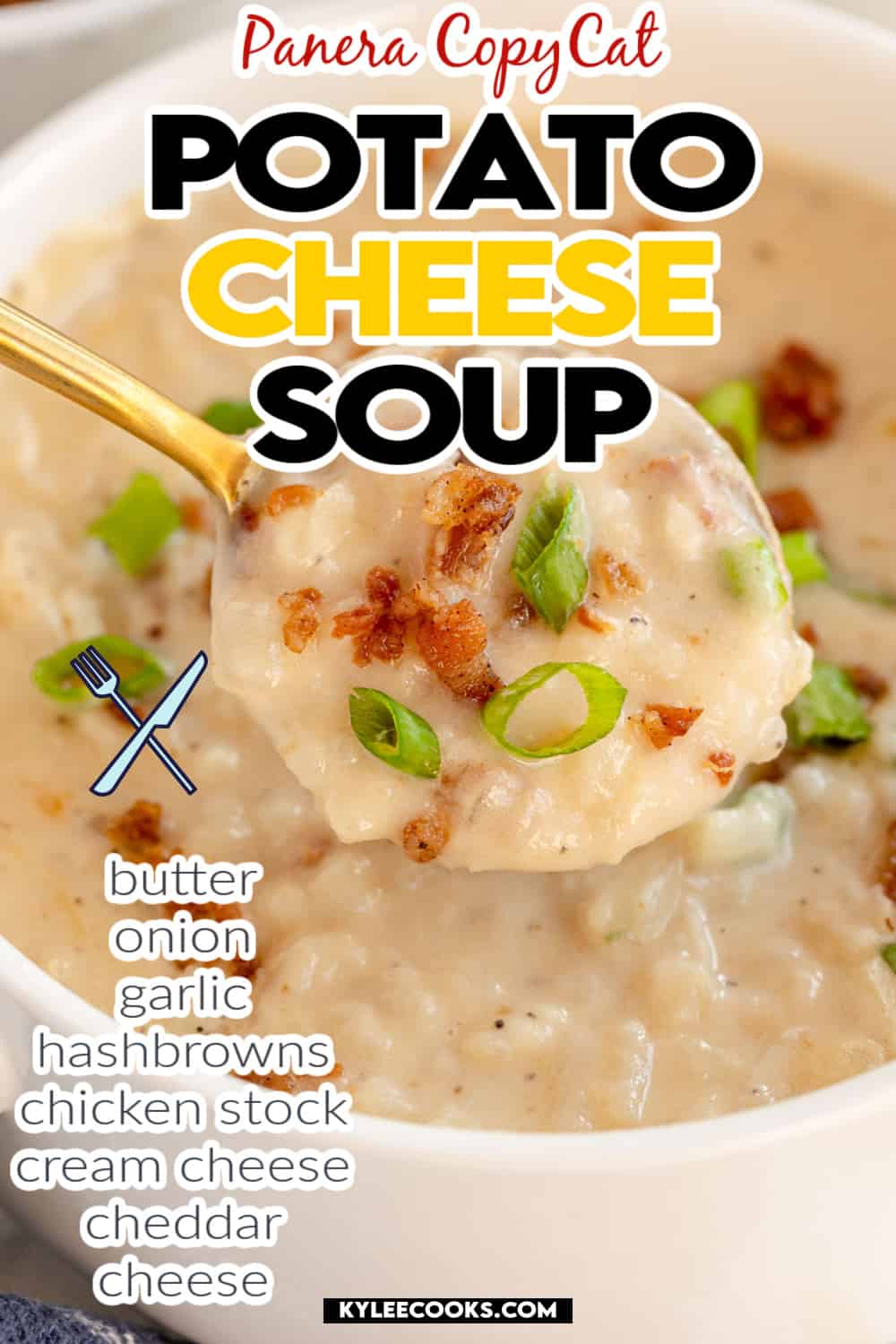 Potato Cheese Soup on a ladle with recipe name and ingredients overlaid in text and images.
