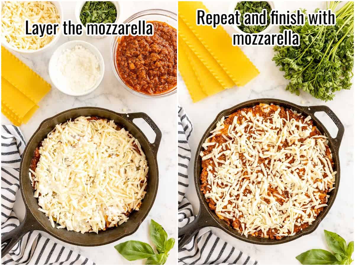 collage of process to make the sauce for skillet lasagna - adding cheese, and showing the final dish before baking.