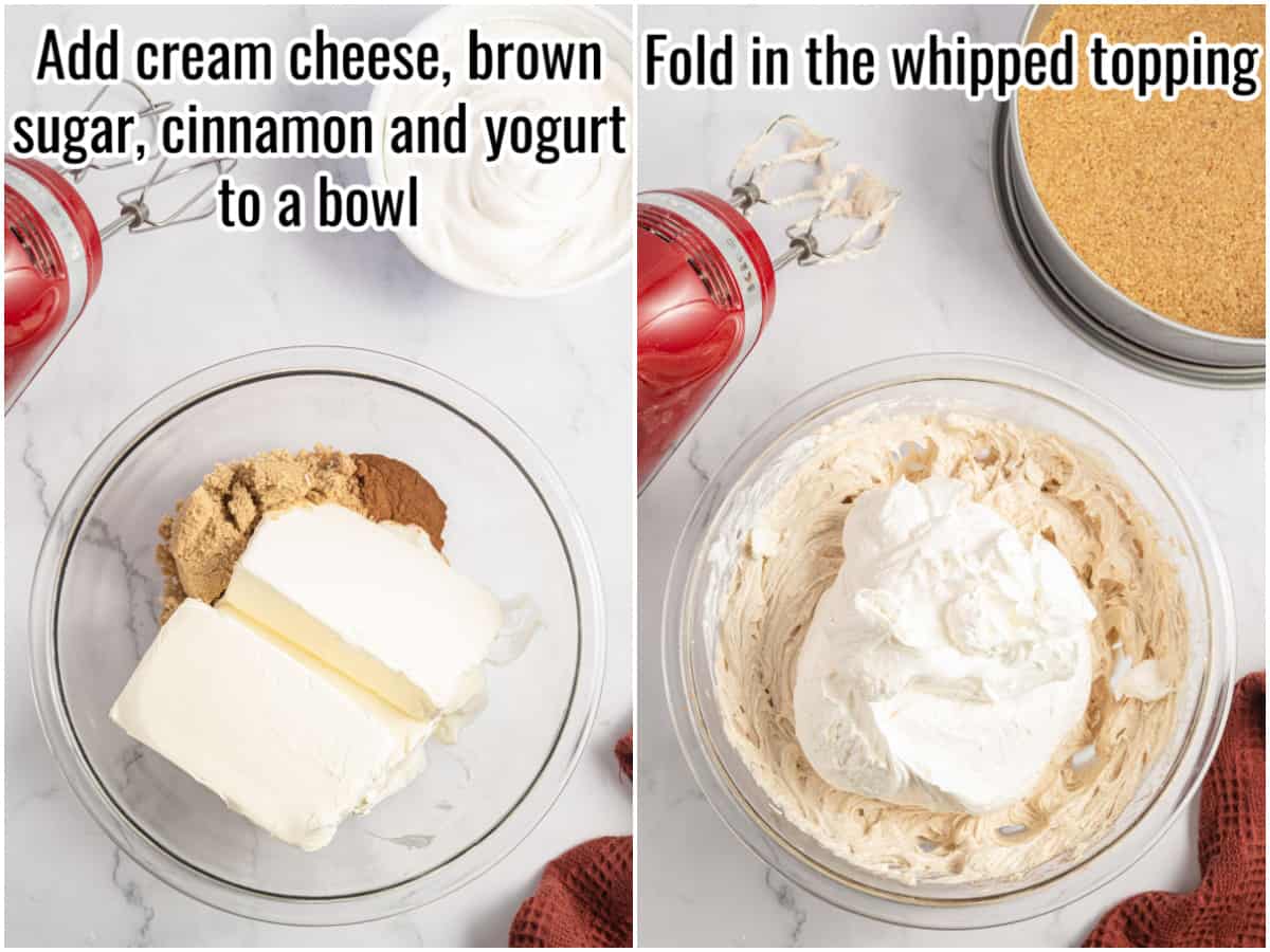 collage of process to make cheesecake filling.