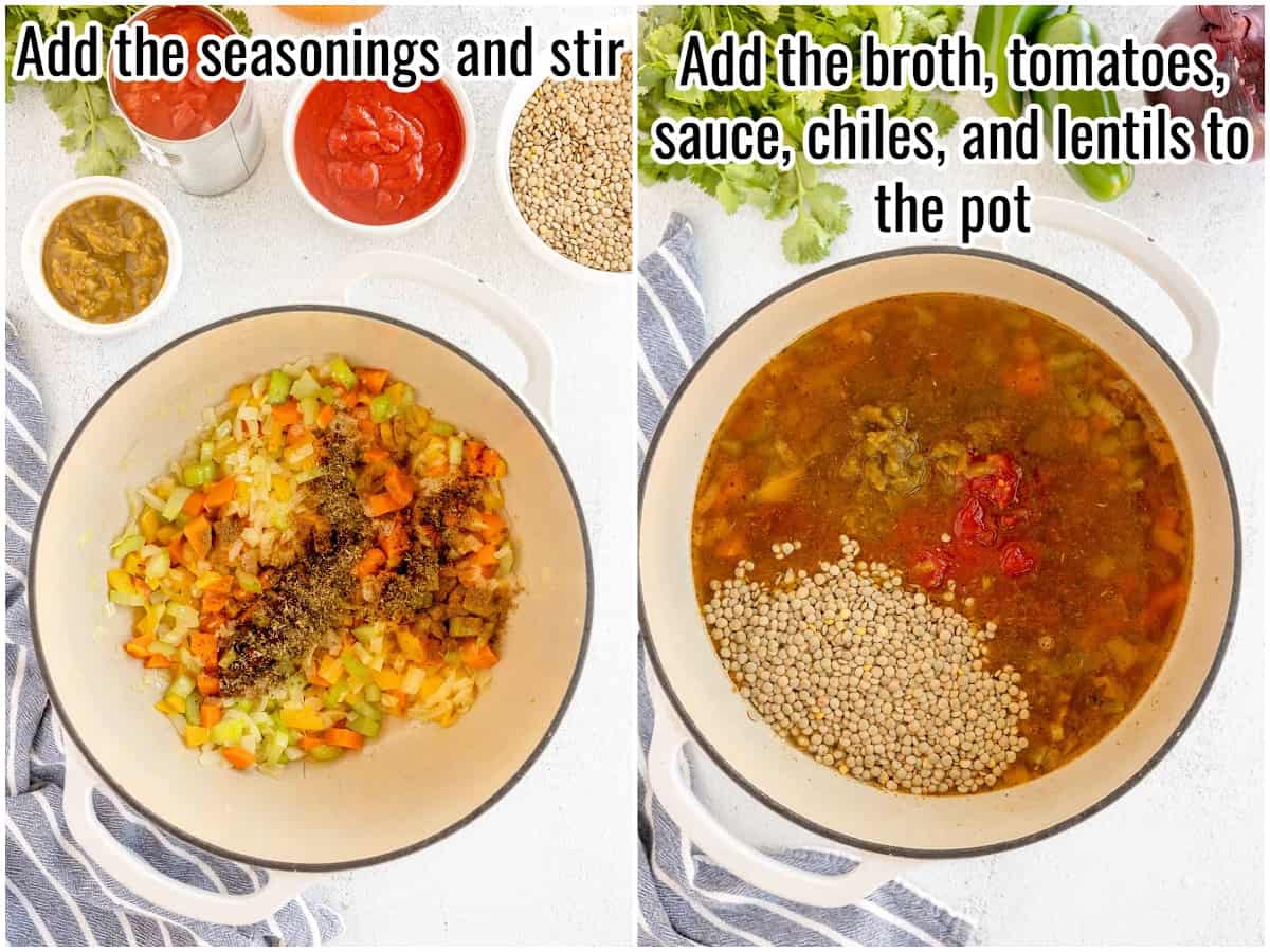 collage of the process to make lentil chili - adding seasoning and remaining ingredients.