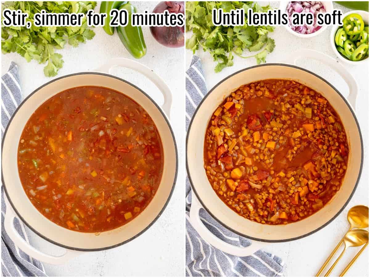 collage of the process to make lentil chili - showing chili before and after simmering.