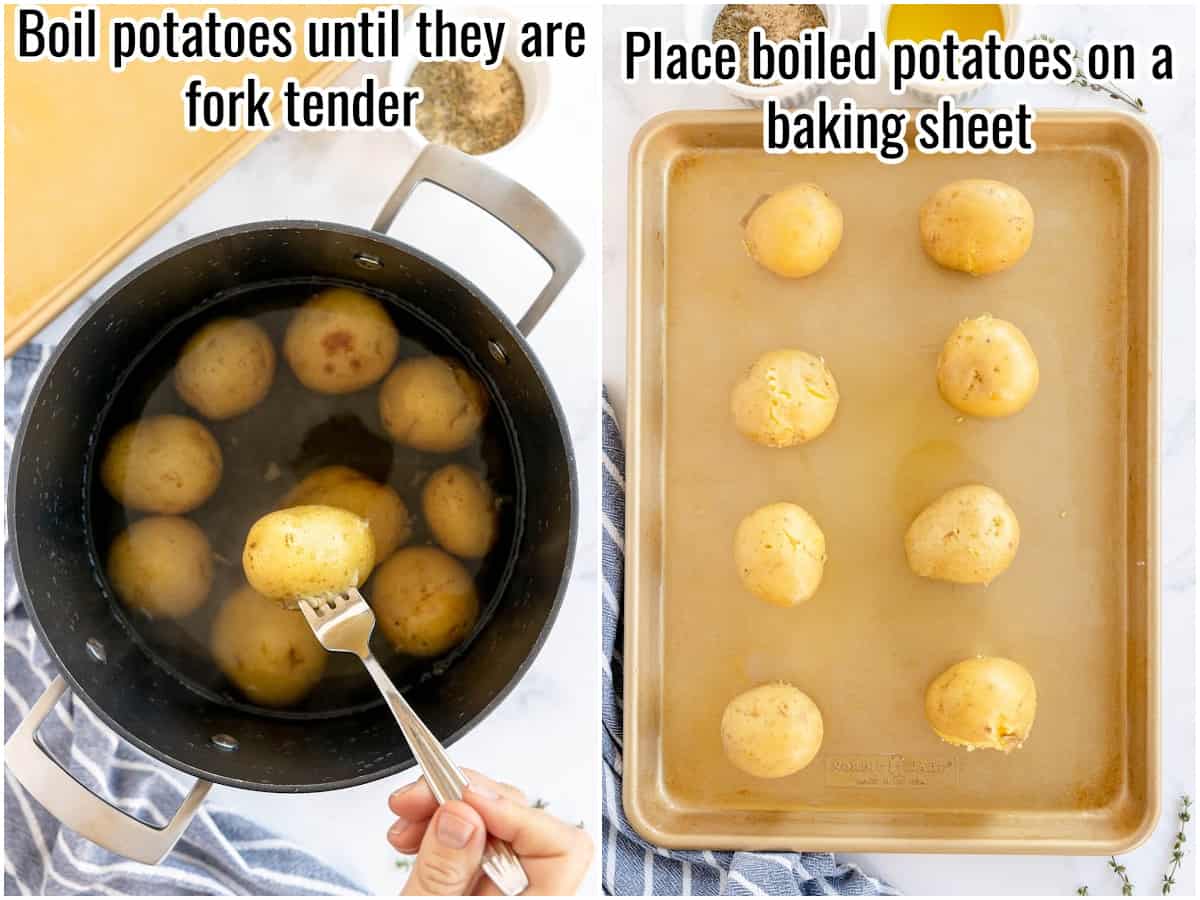 collage of the process to make smashed potatoes - parboiling and placing potatoes on baking sheet.