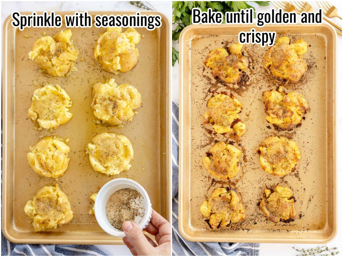 collage of the process to make smashed potatoes - parboiling and placing potatoes on baking sheet.