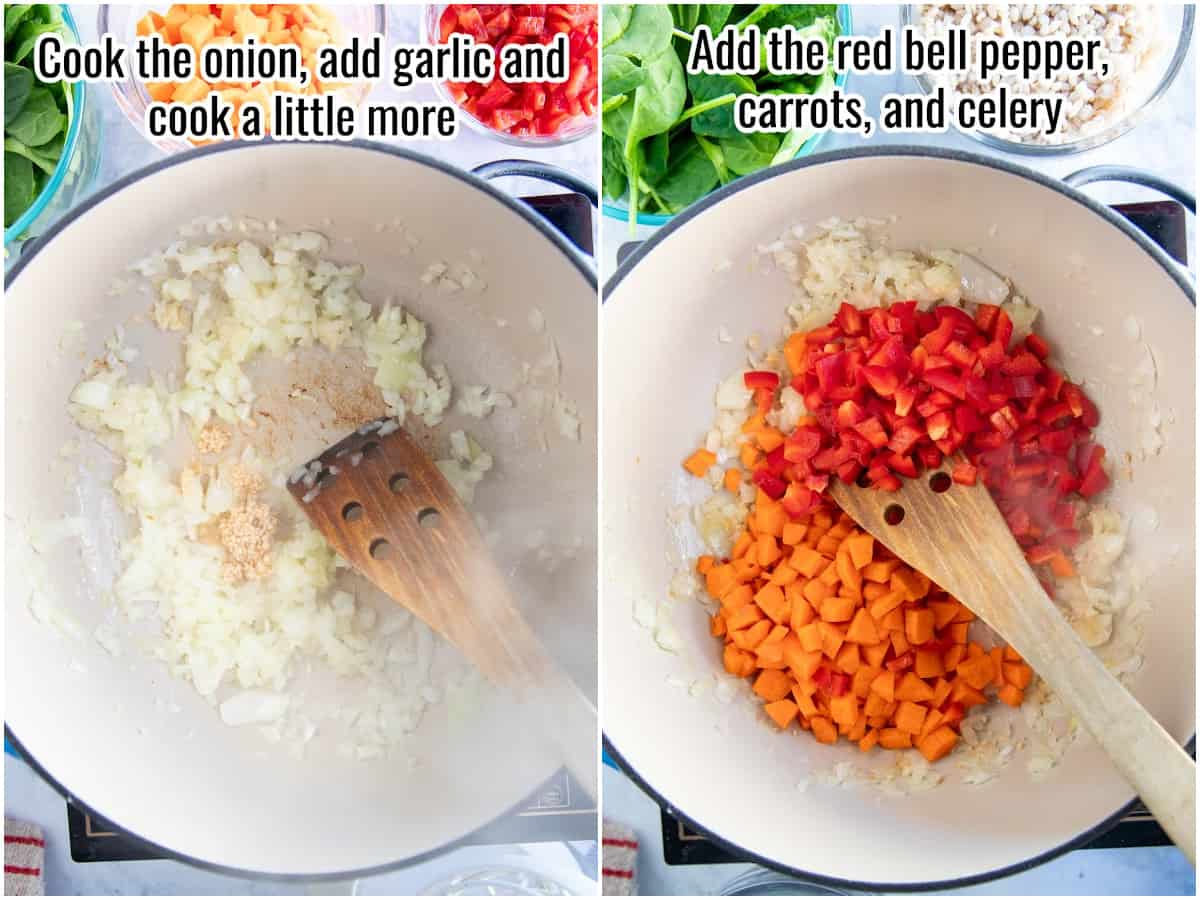 Collage of process for making vegetable barley soup with instructions overlaid in text. Cooking onion and garlic, then adding bell peppers and carrots.