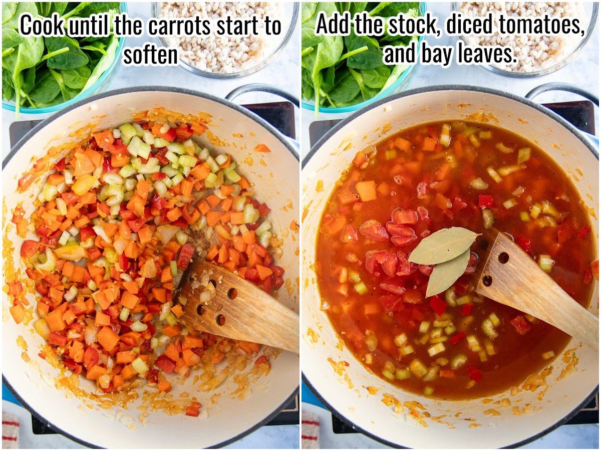 Collage of process for making vegetable barley soup with instructions overlaid in text. Cooking vegetables and adding stock, tomatoes and bay leaves.