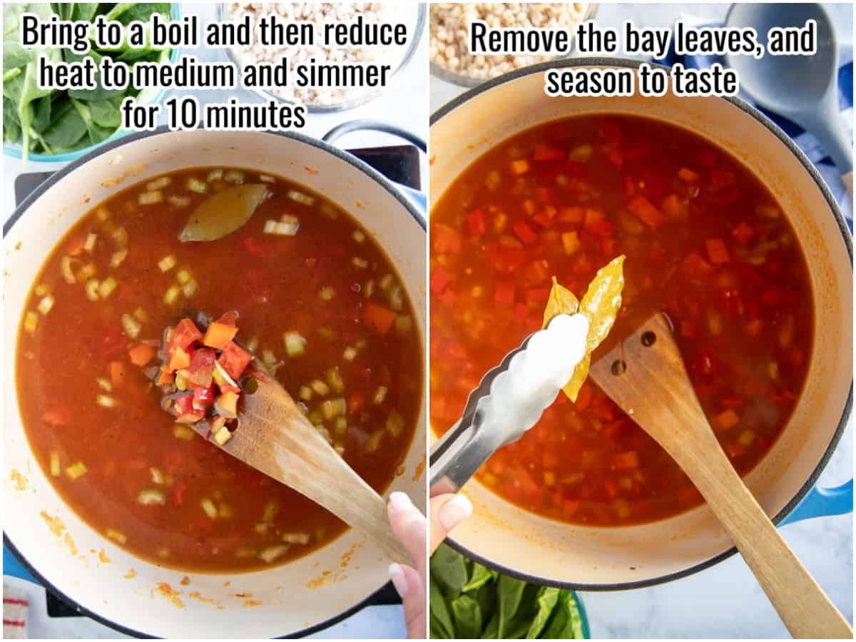 Collage of process for making vegetable barley soup with instructions overlaid in text. Removing bay leaves.
