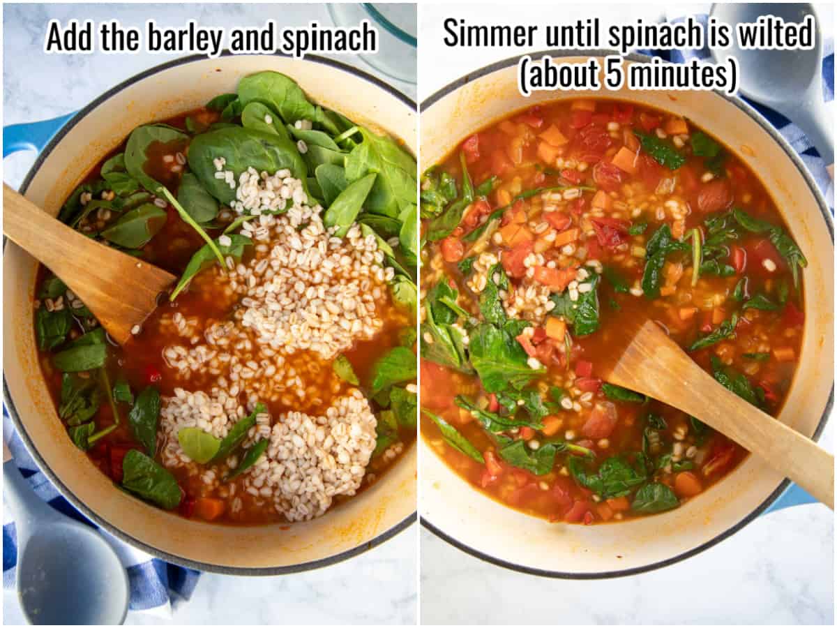 Collage of process for making vegetable barley soup with instructions overlaid in text. Adding spinach and barley.