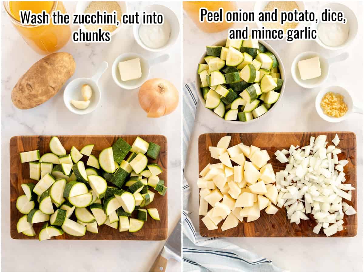 Process for making zucchini soup with instructions overlaid in text. Wash the zucchini, peel onion and potato, dice and mince garlic.