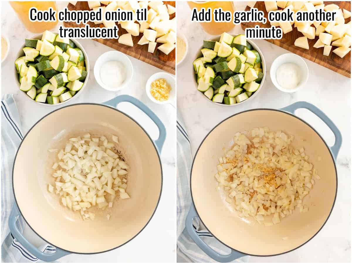 Process for making zucchini soup with instructions overlaid in text. Cooking onion until translucent, and adding garlic.
