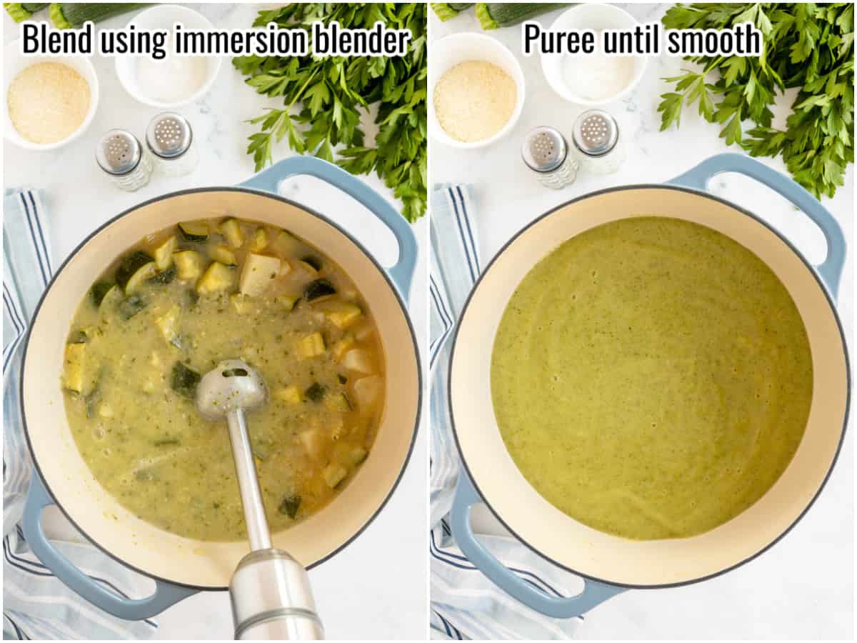 Process for making zucchini soup with instructions overlaid in text. Blending before and after using an immersion blender.