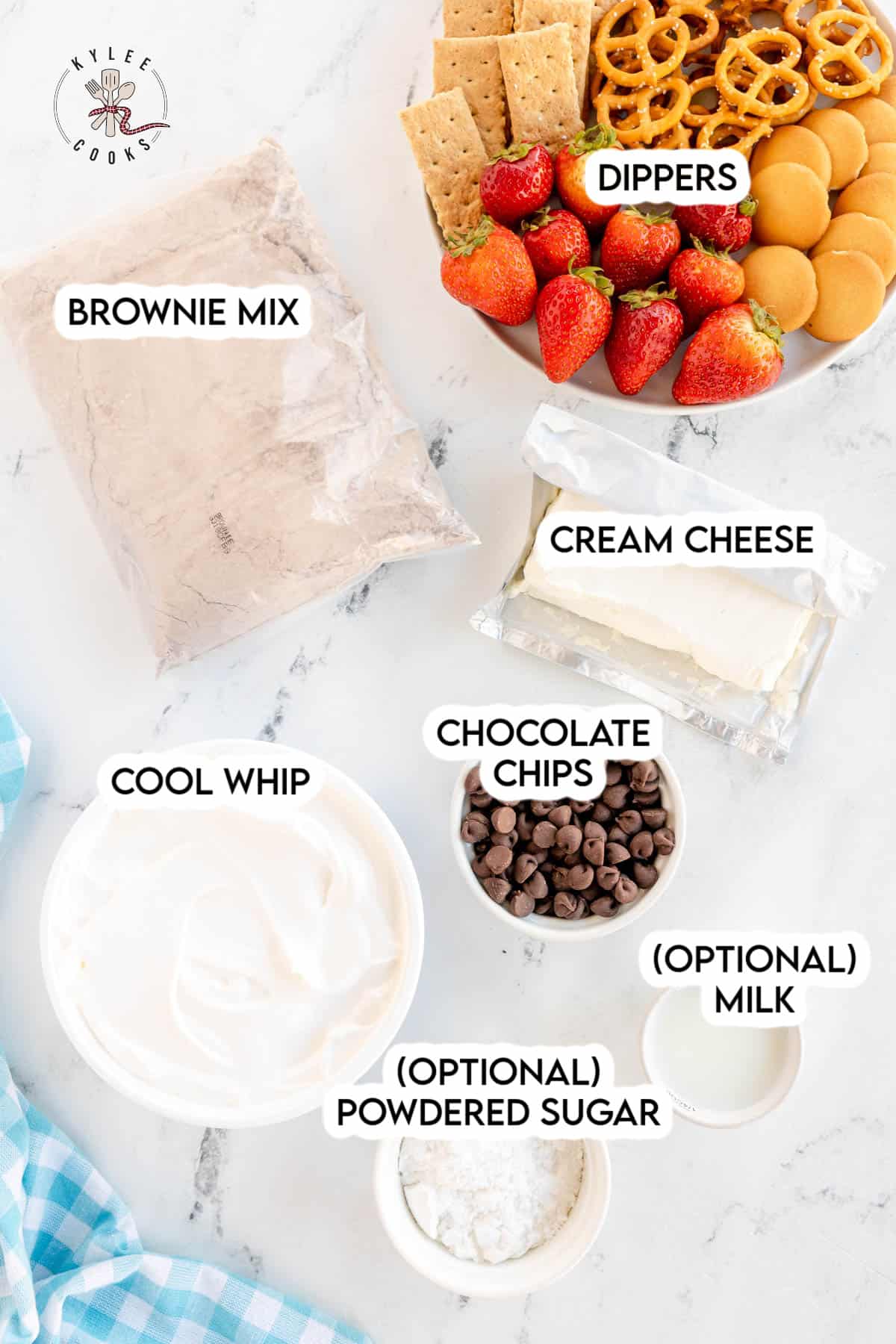 A list of ingredients for a Brownie Batter Dip laid out and labeled.