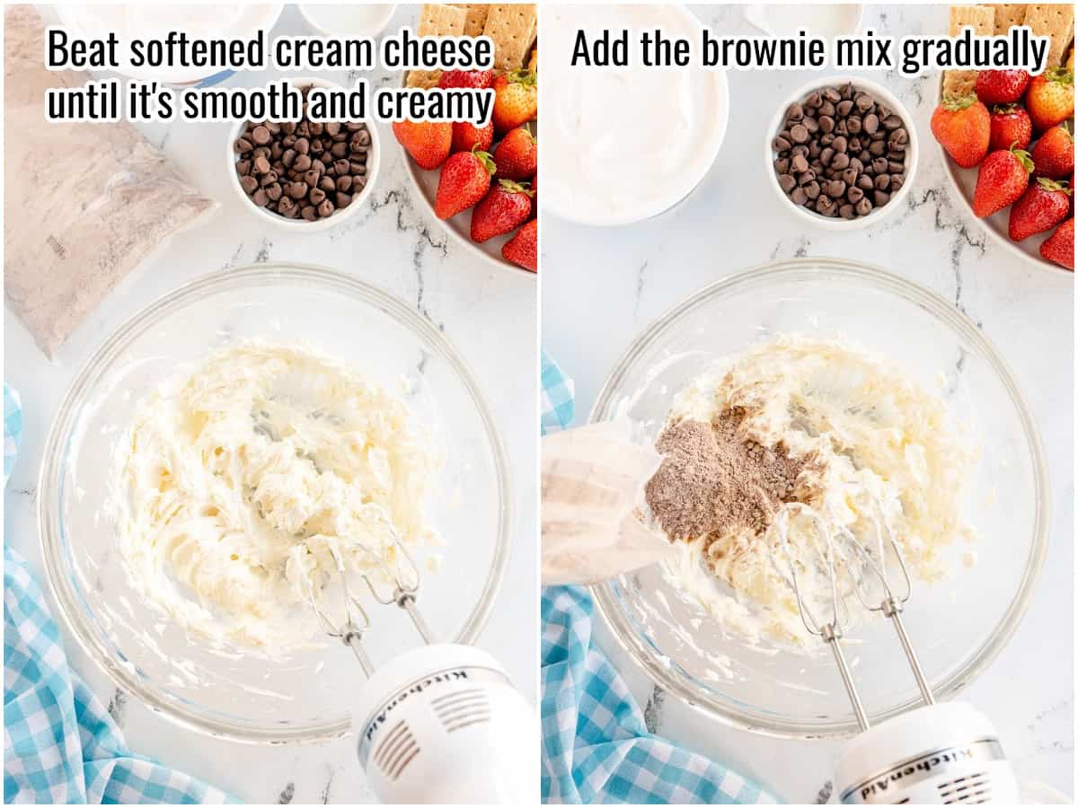 two pictures showing beating cream cheese for brownie batter dip.
